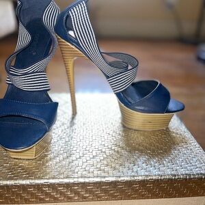 Shoe Dazzle Blue and Black Heels with Striped Design